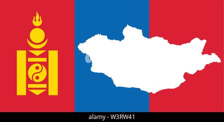 The Mongolia national flag with the country map in silhouette Stock Vector