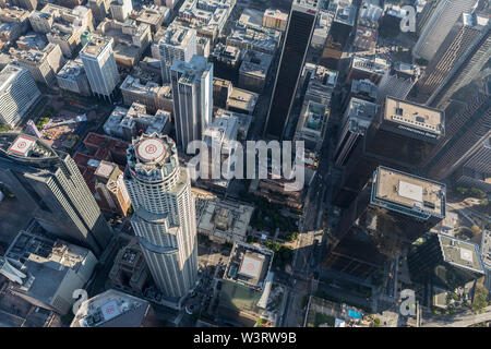 Los Angeles, California, USA - August 6, 2016:  Afternoon aerial of office towers and streets in downtown Los Angeles.