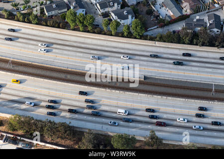 Aerial view of traffic on the 105 freeway near downtown Los Angeles in Southern California.
