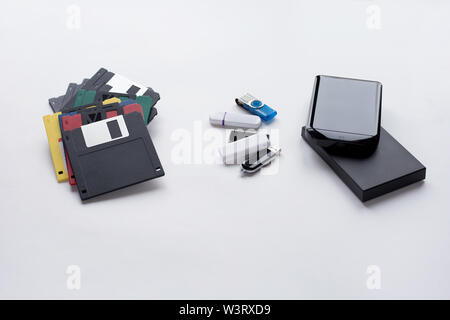 The evolution of digital devices for the transfer and storage of information. Objects isolated on white background. Modern and retro technology. Stock Photo