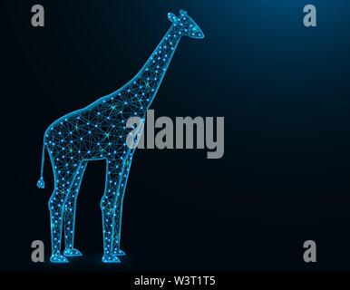 Giraffe low poly model, African animal abstract graphics, mammal polygonal wireframe vector illustration on dark blue background Stock Vector