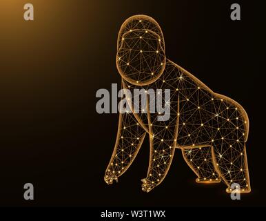 Gorilla low poly model, African animal abstract graphics, primate polygonal wireframe vector illustration on dark yellow background Stock Vector