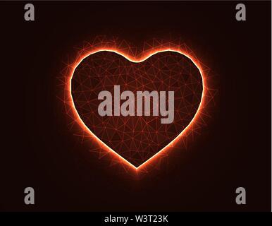 Heart symbol magic low poly model, love polygonal wireframe vector illustration on dark orange background Stock Vector