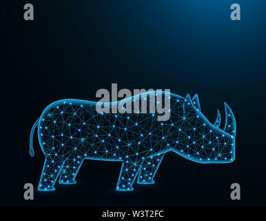 Rhinoceros low poly model, African animal abstract graphics, solitary mammals polygonal wireframe vector illustration on dark blue background Stock Vector