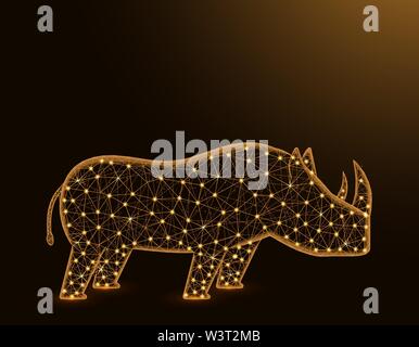 Rhinoceros low poly model, African animal abstract graphics, solitary mammals polygonal wireframe vector illustration on dark yellow background Stock Vector