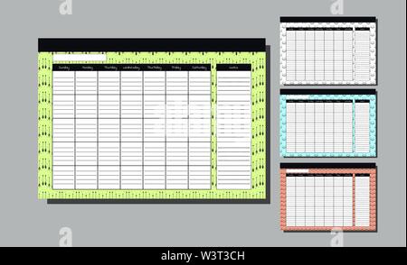 Planner Template for whole year. Set Wall Calendar Endless. Seven weekly columns. bright background with arrows. Bright backdrop. Vector Design Print Template. Week Starts Sunday. Kit with spase for note. collection for four sesone etnic pattern Stock Vector