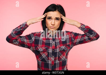 Health And Pain. Stressed Exhausted Young Woman Having Strong Tension Headache. Closeup Portrait Of Beautiful Sick Girl Suffering From Head Migraine, Stock Photo