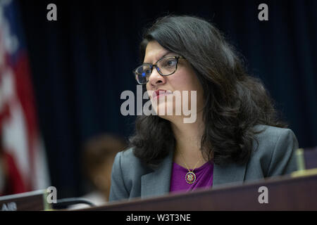 Washington, District of Columbia, USA. 17th July, 2019. United States Representative Rashida Tlaib (Democrat of Michigan) listens during the House Committee on Financial Services hearing regarding Facebook's new crypto currency Libra on Capitol Hill in Washington, DC, U.S. on July 17, 2019. Credit: Stefani Reynolds/CNP/ZUMA Wire/Alamy Live News Stock Photo