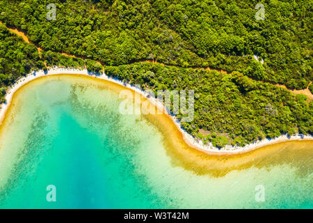Adriatic sea shore in Croatia, Dugi otok island, pine woods and hidden secret beach from drone, overhead view