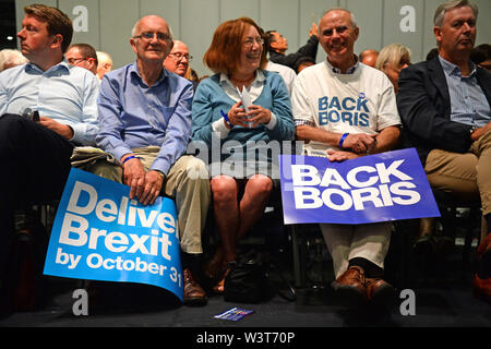 Supporters of Conservative leadership candidate Boris Johnson before a Tory leadership hustings in London. Stock Photo
