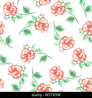 Seamless pattern with red roses and green leafs. Hand drawn elements for fabric textile design, pillows, tablecloth and scrapbook paper Stock Vector