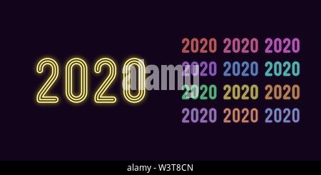 Neon text 2020, Year number. Set of glowing date 2020 in Neon style with transparent backlight. Vector kit, red pink purple violet blue azure green ye Stock Vector