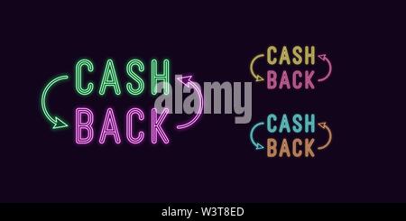 Neon text Cash Back, Title. Set of glowing Cashback tag with arrows, Neon style with transparent backlight. Vector kit, Green-Purple Yellow-Pink Azure Stock Vector