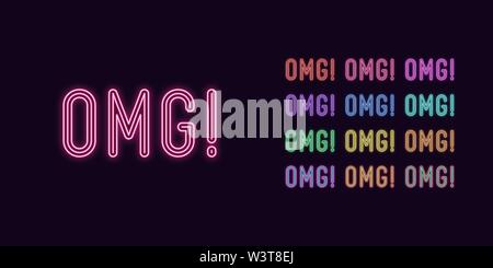 Neon text Omg, expressive Title. Set of glowing OMG word in Neon style with transparent backlight. Vector kit, red pink purple violet blue azure green Stock Vector