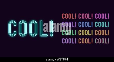 Neon text Cool, expressive Title. Set of glowing Cool word in Neon style with transparent backlight. Vector kit, red pink purple violet blue azure gre Stock Vector