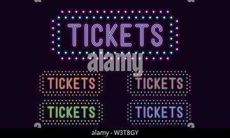 Neon text Tickets, expressive Title. Set of glowing Tickets inscription with Frame, Neon style with transparent backlight. Vector kit, red pink purple Stock Vector