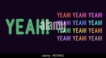 Neon text Yeah, expressive Title. Set of glowing YEAH word in Neon style with transparent backlight. Vector kit, red pink purple violet blue azure gre Stock Vector