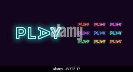 Neon text Play, expressive Title. Set of glowing Play word in Neon style with transparent backlight. Vector kit, red pink purple violet blue azure gre Stock Vector