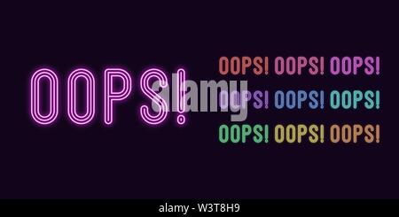 Neon text Oops, expressive Title. Set of glowing OOPS word in Neon style with transparent backlight. Vector kit, red pink purple violet blue azure gre Stock Vector