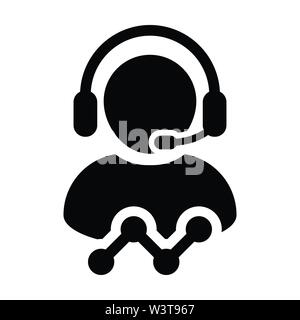 Line chart icon vector male data support customer service person profile avatar with headphone and graph for online assistant in glyph pictogram illus Stock Vector