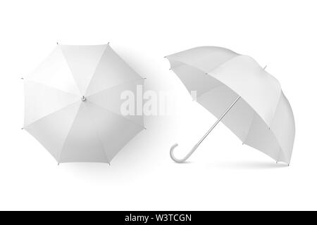 Vector 3d Realistic Render White Blank Umbrella Icon Set Closeup Isolated on White Background. Design Template of Opened Parasols for Mock-up Stock Vector
