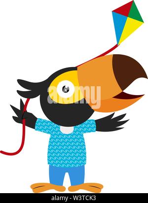 Bird with flying kite, illustration, vector on white background. Stock Vector