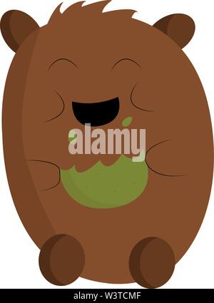 A brown bear eating a green cookies, vector, color drawing or illustration. Stock Vector