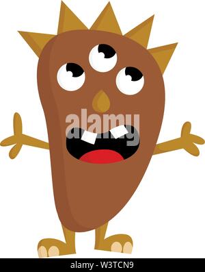 A brown monster with 3 eyes and a sharp hair, vector, color drawing or illustration. Stock Vector