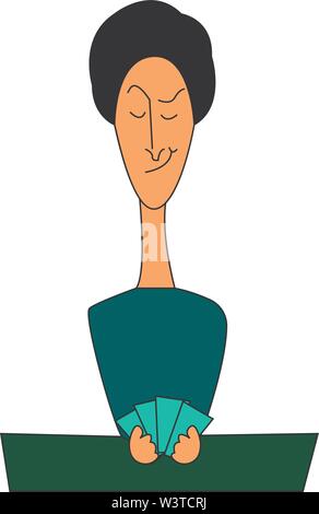 A girl in green shirt holding a cards, vector, color drawing or illustration. Stock Vector