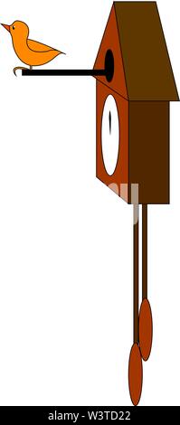A brown clock with a yellow bird, vector, color drawing or illustration. Stock Vector