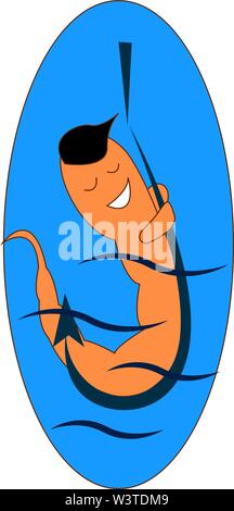 A brown worm hanging on a blue hook as a bait, vector, color drawing or illustration. Stock Vector