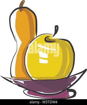 A yellow and orange fruits in a purple fruit bowl, vector, color drawing or illustration. Stock Vector