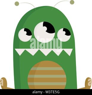 A green 3 eyed monster with a razor sharp teeth, vector, color drawing or illustration. Stock Vector