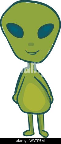 A happy green alien with blue eyes, vector, color drawing or illustration. Stock Vector