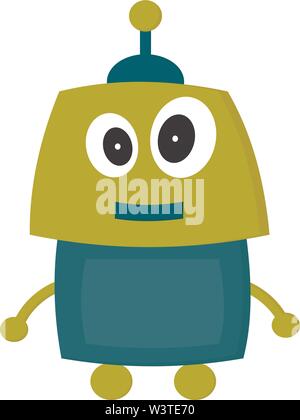 A green happy robot with big eyes, vector, color drawing or illustration. Stock Vector