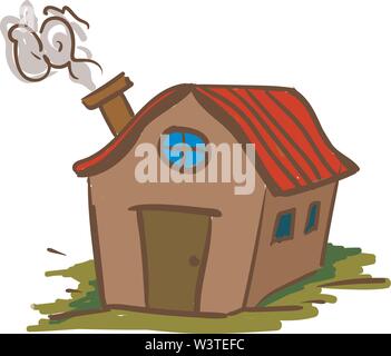 A cartoon of a house with a red roof and a smoke coming out from the chimney, vector, color drawing or illustration. Stock Vector