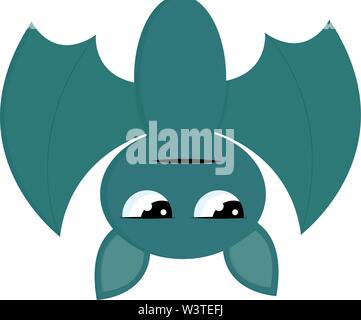 A green bat hanging upside down with a sparkling eyes, vector, color drawing or illustration. Stock Vector