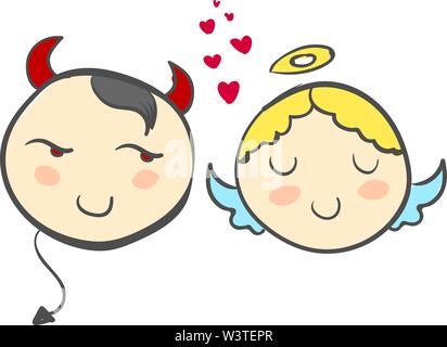A cartoon of a devil and an angel and a red heart in between, vector, color drawing or illustration. Stock Vector