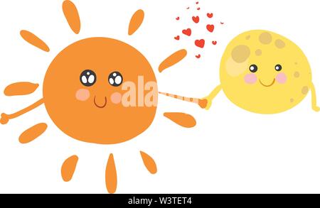 A cartoon of a happy sun and moon holding hands with a small red hearts in between, vector, color drawing or illustration. Stock Vector