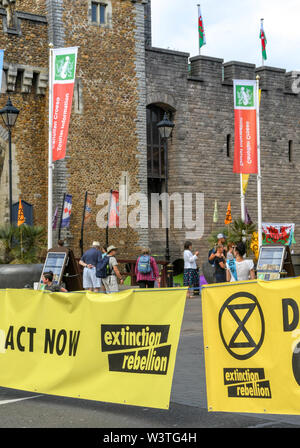 CARDIFF, WALES - JULY 2019: Large banner blocking Castle Street in Cardiff city centre. The road was blocked by Extinction Rebellion Stock Photo