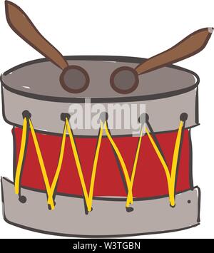 A snare drum instrument with two sticks, vector, color drawing or illustration. Stock Vector