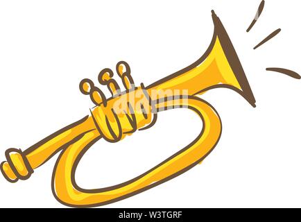A yellow trumpet instrument which is blowing, vector, color drawing or illustration. Stock Vector
