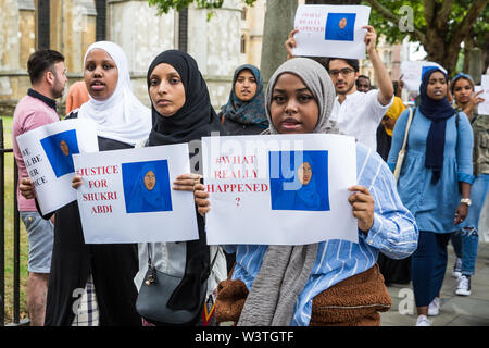 London, UK. 17 July, 2019. NUS Black Students and supporters march from the Department for Education to Parliament Square to call for a full investigation into the death of Somali refugee girl Shukri Abdi, aged 12 from Bury, who died in the river Irwell on 27th June. Credit: Mark Kerrison/Alamy Live News Stock Photo