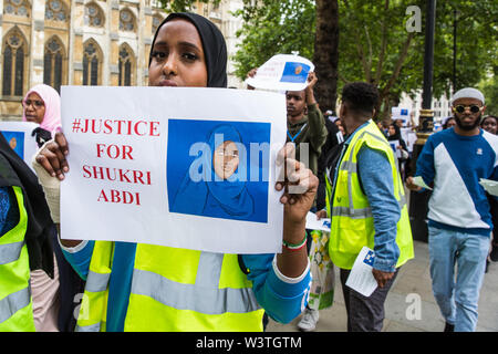 London, UK. 17 July, 2019. NUS Black Students and supporters march from the Department for Education to Parliament Square to call for a full investigation into the death of Somali refugee girl Shukri Abdi, aged 12 from Bury, who died in the river Irwell on 27th June. Credit: Mark Kerrison/Alamy Live News Stock Photo