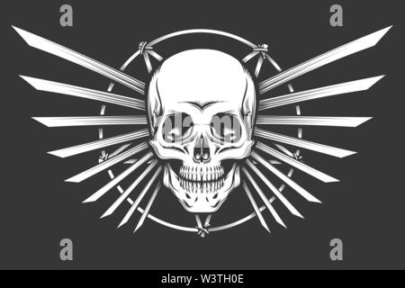 Human Skull against pentagram and blade wings. Vector Illustration. Stock Vector
