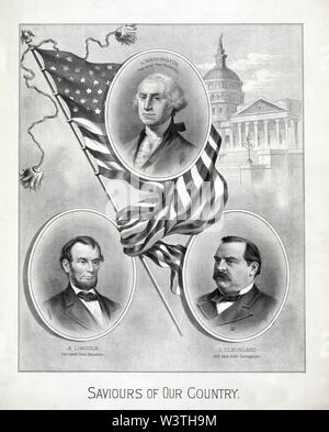 Saviors of our Country, Head-and-shoulders portraits of U.S. Presidents George Washington, Abraham Lincoln, and Grover Cleveland, with U.S. Capitol in background, Campaign Poster during 1884 Presidential Election, Lithograph, 1884 Stock Photo