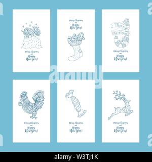 Greeting card set for New Year and Christmas. Hand drawn doodles elements. Vertical vector Stock Vector