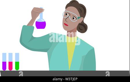 Chemist doing research, illustration, vector on white background. Stock Vector