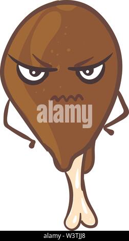 Angry chicken thigh, illustration, vector on white background. Stock Vector