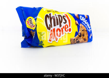 An isolated packet of original blue flavour of Chips more, a chocolate chip cookies, isolated in white background. Stock Photo